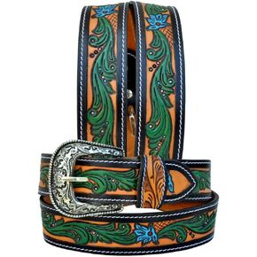 Western Genuine Leather Floral Tooled Casual Jeans Belt With Removeable Buckle 30AB108