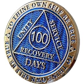 100 Days AA Medallion Reflex Dusty Blue Gold Plated 100 Day Chip