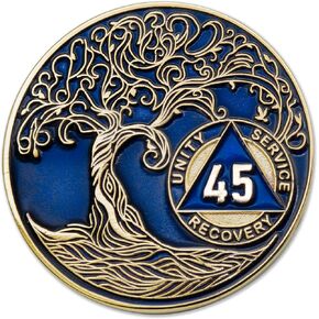 4 Year AA Medallion Twisted Tree of Life Gold Plated AA Recovery Chip - Translucent Blue