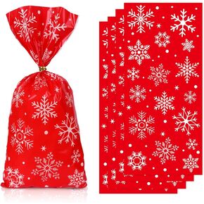 JarThenaAMCS 100Pcs Christmas Cellophane Treat Bags with Twist Ties Snowflake Plastic Gift Bags Red Candy Goodie Bags for Winter Xmas Party Snack Cookie Packing
