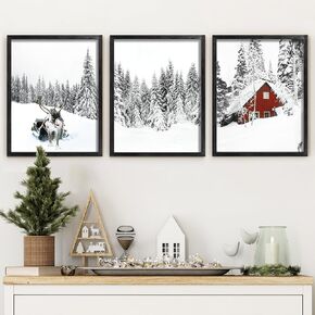 Ronasip Set of 3 Farmhouse Winter Wall Art Framed Snow Forest Wall Decor Reindeer Holiday Home Decor 12x16 Brown