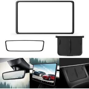 Center Console Wireless Charger Mat,Screen and Rearview mirror protector Frame,Anti-Slip silicone protector for Tesla 2021-2023 Model 3 and 2021-2024 Model Y Accessories(3 PCS black)