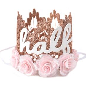 تاج من الدانتيل باللون الذهبي الوردي للفتيات - تاج نصف عيد الميلاد مع ورود وردية، قبعة عيد ميلاد 1/2، مثالية للاحتفالات المميزة للفتيات، هدية مدروسة in Kuwait