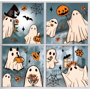 Whaline 9 Sheets Halloween Window Cling Sticker Floral Ghost Pumpkin Spider Web Double-Sided Glass Decals for Party Home Office, 59Pcs