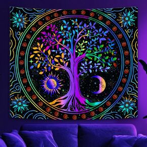 ACRNIGHEET Blacklight Tapestry for Bedroom Tree of Life Trippy Tapestry Sun and Moon Trippy Tapestry Bohemian Black Light Tapestries Aesthetic Tree Wall Tapestry Glow in The Dark Tapestry 59 x 51 IN