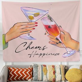 QROZIAR Vintage Pink Cheers Bar Party Wall Decor Tapestry Wall Hanging, Trendy Champagne Alcohol Drinks Tapestry Decor, Cocktail Martini Wall Blanket Decor for Bar Dining Room Girls Home Apartment, 50x60 Inches