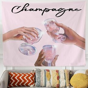 QROZIAR Trendy Pastel Pink Bar Party Tapestry Wall Hanging, Vintage Romantic Champagne Tapestry Decor, Cocktail Alcohol Aesthetic Wall Blanket Decor for Dining Room Girls Home Apartment, 50x60 Inches
