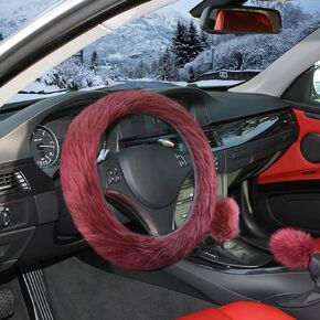 3pcs Fluffy Wine Red Steering Wheel Cover, Fashion Fuzzy Plush Car Steering Wheel Cover with Handbrake Cover & Gear Shift Cover Winter Fur Warm Vehicle Steering Wheel Protector for Women in Kuwait