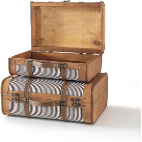 SLPR Wooden Striped Vintage Suitcases - Set of 2, Retro Luggage Décor, Antique Decorative Storage Chests with Lids, Old Style Wood Travel Trunks for Home Décor