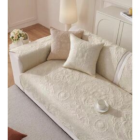 Luxury Vintage Cotton Embroidery Sofa Cover Soft Farmhouse Seat Cushion Cover Floral Quilted Sectional Couch Cover Anti-Slip Sofa Slipcovers Furniture Protector for Dogs Cats (Beige,28"x59")