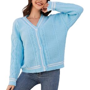 Women's Knit Cardigan Long Sleeve V Neck Sweatshirt Knitted Print Button Down Knitwear Outerwear Blue