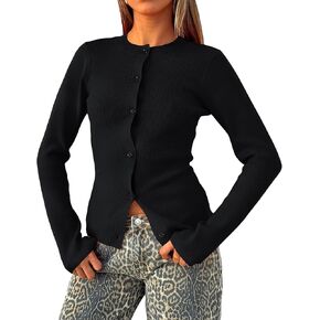 سترة نسائية طويلة الأكمام خفيفة الوزن ورقبة دائرية وأزرار سفلية مفتوحة من الأمام in Kuwait