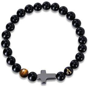 Mens Cross Bead Bracelet with Initials, Christian Rosary Obsidian A-Z Letter Black Onyx Tigers Eye Beaded Bracelet, Faith Religious Easter Catholic Communion Baptism Christmas Jewelry Gift for Men