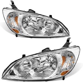 for 2004 2005 Civic Headlight Assembly compatible with 04 05 Honda Civic 2/4dr Clear Lens Chrome Housing Amber Reflector Headlamp Replacement Left and Right Pair