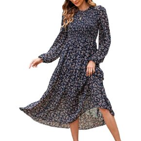 CUPSHE Women's Disty Floral Print Round Neck Long Sleeve Smocked Waist Maxi Dress Casual A Line Long Chiffon Dress