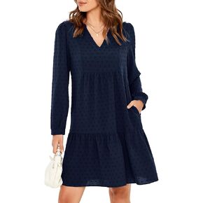 فستان Simplee نسائي بياقة على شكل V وأكمام طويلة ومنقط سويسري، فستان قصير واسع in Kuwait