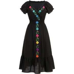 Women Mexican Dress Floral Embroidered Traditional Fiesta Dress Summer V-Neck Short Sleeve Cinco De Mayo Party Dresses
