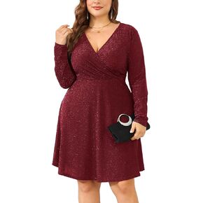 ZOMVA 2024 Plus Size 1X-4X Sparkly Glitter Wrap V Neck A Line Mini Dress Long Sleeve Sparkle Sequin Sexy Dress Cocktail Party