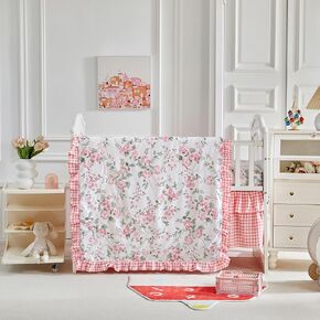 3 Pieces Flowers Crib Bedding Set Baby Ruffled Quilted Comforter with Fitted Sheet and Bed Skirt - Cute Ruffled Shabby Chic Baby Bedding Soft Blanket Floral Design