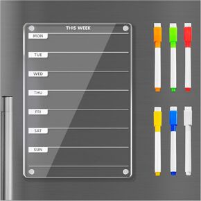 Acrylic Magnetic Weekly Calendar Planner for Refrigerator w/ 6 Markers, 8"x12" Clear Meal Planner Menu Board Fridge, Wet Erase Noteboard to Do/Grocery/Shopping List