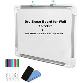 Dry Erase Board for Wall, 15"x12" Hanging Whiteboard with 5 Dry Erase Magnetic Markers and Mini White Double-Sided Lap Board for Office, School, Students, Kids, Home