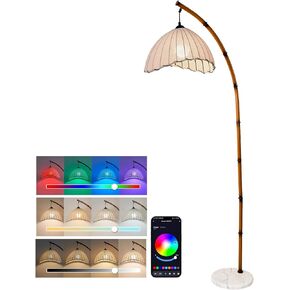 Retro Bamboo Floor Lamp - Unique Bohemian Hanging Arc Floor Lamp with Antique Rattan Style, RGB Colorful Dimmable Vertical Lamp for Dining Room Farmhouse Study Living Room