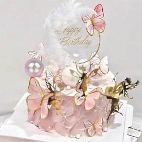 31-Pieces Butterfly Cake Decorations, Happy Birthday Cake Add-ons, Elf Cake Decorations, Golden Pink Butterfly Bubble Ball Cake Decorations.