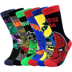 Mens Funny Socks 6 Pairs Cool Hero Character Novelty Classic Cartoon Crew Dress Sock for Adult Teens