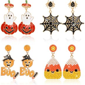 4 Pairs Halloween Enamel Earrings for Women Halloween Boo Stud Earrings Beaded Halloween Spooky Ghost Pumpkin Drop Dangle Earrings Set for Costume Party Earrings Holiday Festive Jewelry