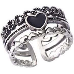 Stylish Multilayer Stackable Bead Heart Adjustable Ring Black Heart Open Ring for Women Jewelry