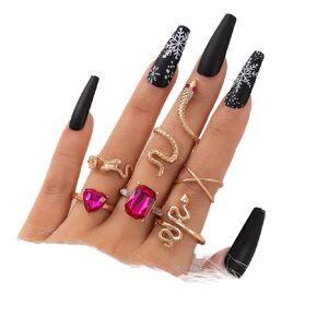 Chargances Boho Gold Snake Stackable Rings Set for Women Red Gemstone Knuckle Rins Fashion Heart Finger Rings for Gift Party Festival (Style 1)