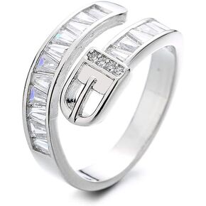 Ganquya Stylish Belt Buckle Open Rings for Women,Sparkling Cubic Zirconia Minimalist Adjustable Statement Stacking Art Deco Band Jewelry（Silver）