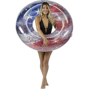 PoolCandy Jumbo Pool Tube, 48", Stars & Stripes Inflatable Glitter Filled Pool Float. Show Your Spirit in Style at The Beach, Pool or Lake.