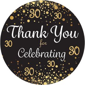 Black and Gold 30th Birthday Thank You Stickers - 1.75 in - 40 Labels