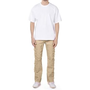 LDNINE Mens Stacked Jeans Destroyed Slim Fit Stretch Ripped Straight Denim Patchwork Frayed Trousers Streetwear