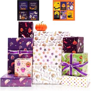 Larcenciel Halloween Wrapping Paper, 7 Sheets Skulls Ghost Pumpkin Bat Gift Wrapping Paper with Sticker, Spooky Gift Wraps for Day of the Dead, Halloween, Party, Holiday Decor (Colorful,27.5x19.6inch)