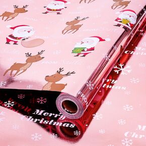 Tyzarglef Christmas Wrapping Paper Roll, Pink Metallic Foil Shine Paper, Santa Claus & Reindeer Design, Rose Gold Gift Wrapping Supplies for Kids-17 inch x 33 Feet