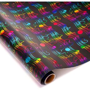Larcenciel Gift Wrapping Paper Roll, Rainbow Metallic Glitter Black Wrapping Paper, Cool Jumping Music Note Gift Wrap, Silky Thick Gift Paper for Birthday, Holiday, Anniversary, Party, 9.8ft×16.9in