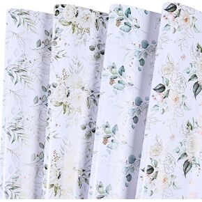 Titiweet Wedding Wrapping Paper - Green Leaves & White Rose Design, 12 Sheets Bridal Shower Wrapping Paper for Women, 20 x 28 Inches Per Sheet