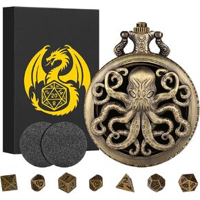 Mini DND Dice Set Steampunk Bronze Hollow Octopus Pocket Watch Case, 7 Piece Polyhedral Metal D&D Dice Set, DND Gifts with Gift Box for DND Player, Role Playing Board Games Accessories