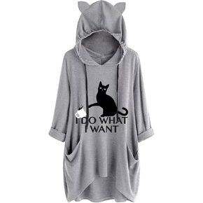 Gesaofa I Do What I Want Cat Graphic Hoodies for Women Irregular Hem 3/4 Sleeve Cat Ear Hooded Tunic Tops with Pockets