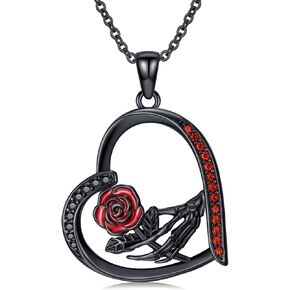 Black Skeleton Hand Red Rose Necklace 925 Sterling Silver Heart Halloween Pendant Necklace Gothic Jewelry For Women Man