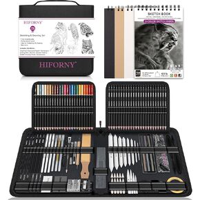 HIFORNY 126 PCS Drawing Kit Sketching Pencil Set,Sketch Pencils Art Supplies with 3-Color Sketchbook,Graphite,Charcoal,Blending and Drawing Tools,Drawing Pencils for Adults Artists in Zipper Case