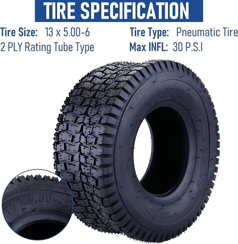 مجموعة إطارات وأنابيب داخلية 13 × 5.00-6 لشفرات الحلاقة الترابية الرباعية وعربة الذهاب، والدراجة الترابية، وATV، وجرارات الفناء، وجزازة العشب، والعربات، والشاحنات اليدوية، والأنبوب الداخلي للإطارات البديلة الممتازة مع جذع صمام معدني منحني، مجموعة واحدة in Kuwait