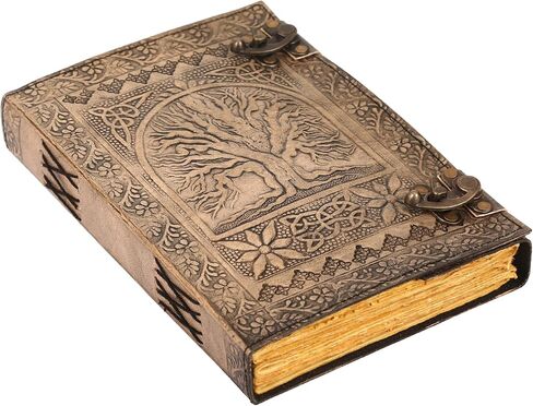 Handmade Leather Journal, Vintage Color, Tree of Life Hand Embossed Design, Genuine Leather Notebook Diary,Sketchbook with Two Brass Clasp Lock, Journal for Men & Women, Office Journal Deckle in Saudi Arabia