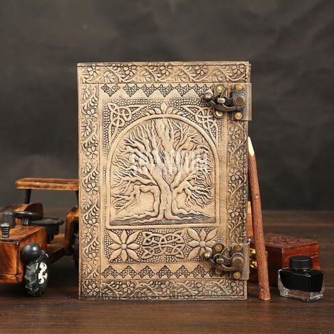 Handmade Leather Journal, Vintage Color, Tree of Life Hand Embossed Design, Genuine Leather Notebook Diary,Sketchbook with Two Brass Clasp Lock, Journal for Men & Women, Office Journal Deckle in Saudi Arabia