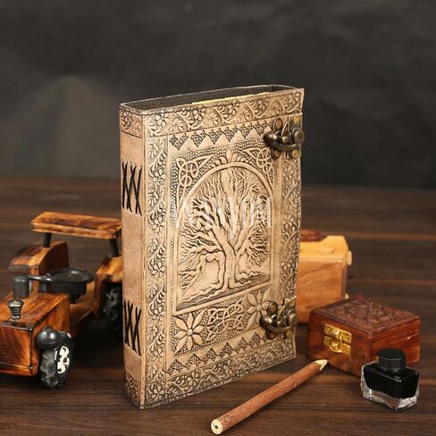 Handmade Leather Journal, Vintage Color, Tree of Life Hand Embossed Design, Genuine Leather Notebook Diary,Sketchbook with Two Brass Clasp Lock, Journal for Men & Women, Office Journal Deckle in Saudi Arabia