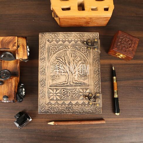 Handmade Leather Journal, Vintage Color, Tree of Life Hand Embossed Design, Genuine Leather Notebook Diary,Sketchbook with Two Brass Clasp Lock, Journal for Men & Women, Office Journal Deckle in Saudi Arabia