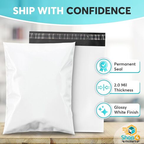 Shop4Mailers 14.5 x 19 Glossy White Plastic Self Seal Poly Mailer Flat Bags Waterproof Shipping Envelope 2 Mil for Apparel, Clothes, Shirts, Books – Permanent Adhesive Seal (100 Pack) in Kuwait