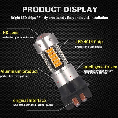 AILEO PWY24W PW24W مصابيح LED ساطعة كهرمانية صفراء برتقالية ساطعة للغاية 30-SMD 4014 أضواء إشارة الانعطاف أضواء النهار الجري DRL لمبات بديلة، حزمة من 2 in Saudi Arabia